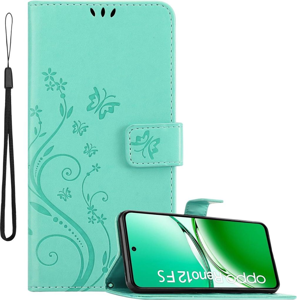 Cadorabo Hülle für Oppo Reno 12 FS Hülle in FLORAL TÜRKIS Schutzhülle im Blumen Design mit Magnetverschluss, Standfunktion und Kartenfächern ...