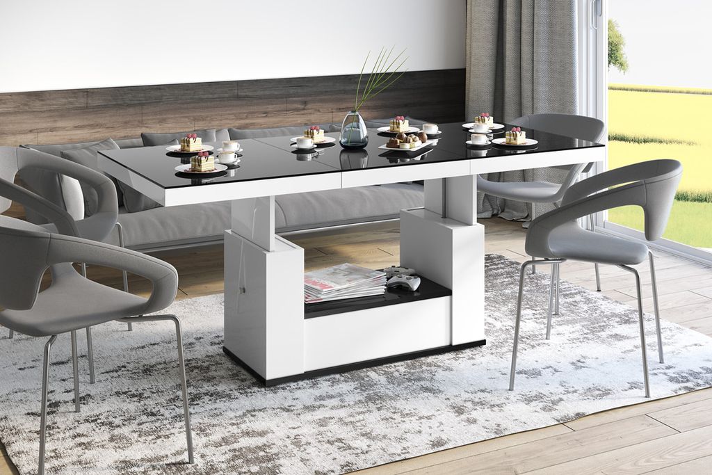 Design Couchtisch Tisch HM-111 Schwarz / Weiß Hochglanz Schublade höhenverstellbar ausziehbar Esstisch