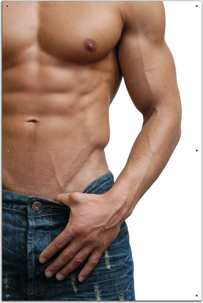 Wallario Outdoor-Poster für Garten oder Balkon, Motiv Halbnackter Mann mit Jeans, in ca. 61 x 91,50 cm
