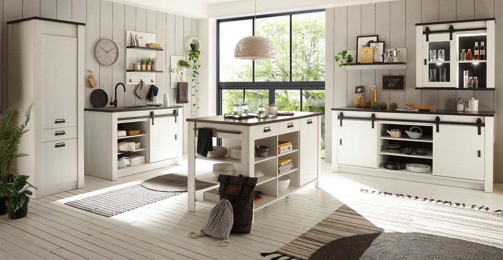 Küche mit Kochinsel "Stove" in weiß Pinie Küchenschrank Set 7-teilig