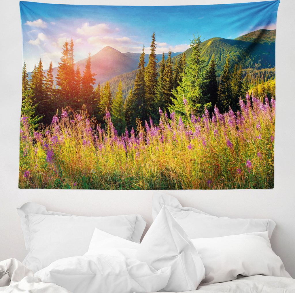 ABAKUHAUS Natur Wandteppich, Frühlings-Blumen-Berg aus Weiches Mikrofaser Stoff Waschbar ohne Verblassen Digitaldruck, 150 x 110 cm, Grün Rosa