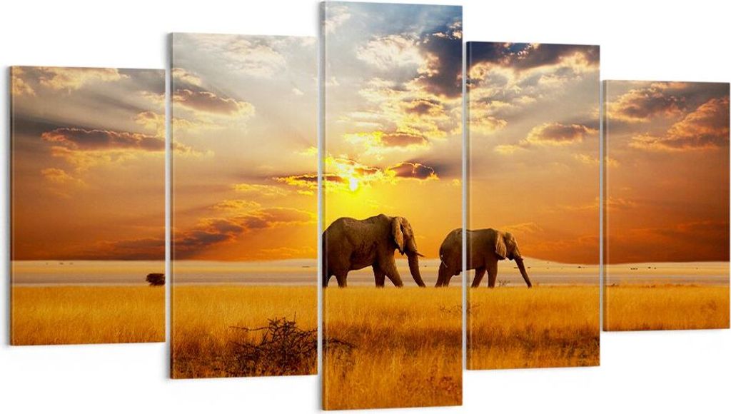 Bild auf Leinwand - Leinwandbild - Elefanten Safari Dschungel Busch - 160x85cm - Wand Bild - Wanddeko - Leinwanddruck - Bilder - Kunstdruck - Leinw...