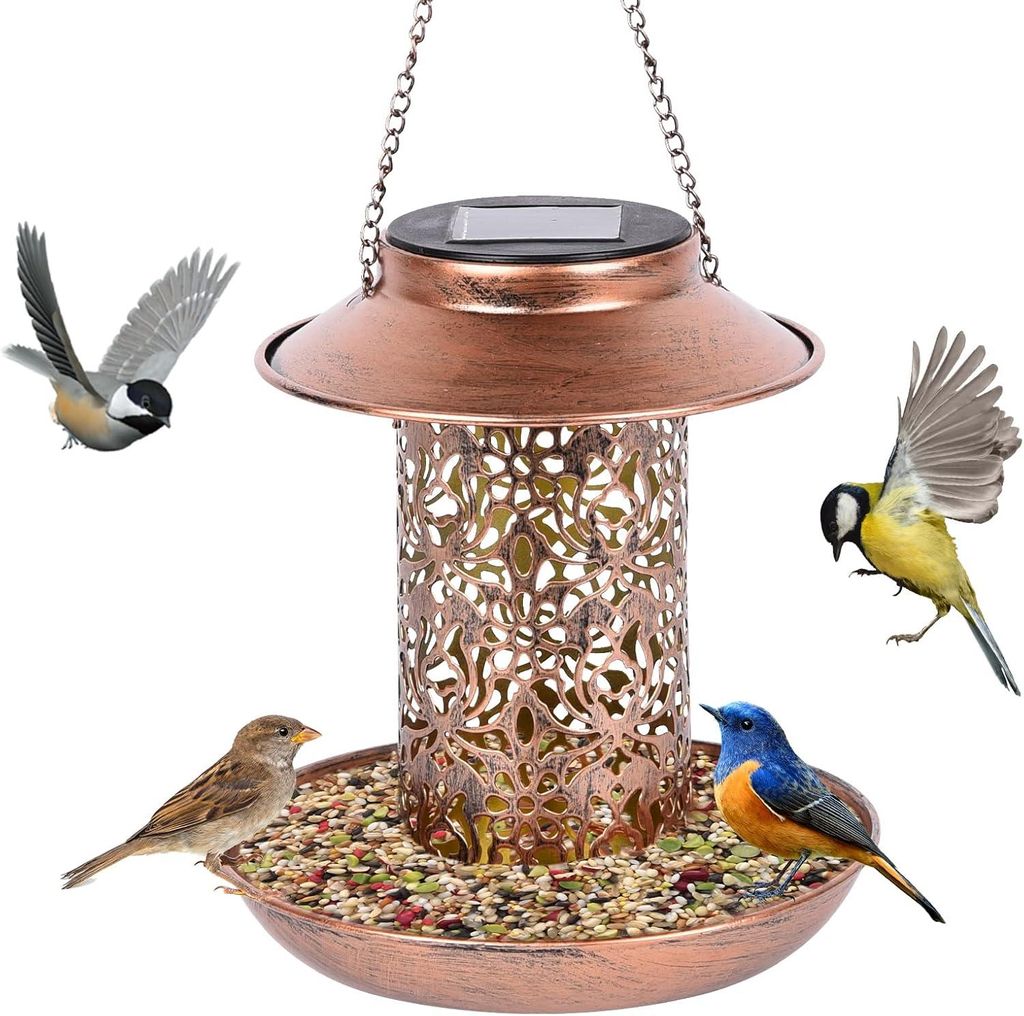 Solar-Vogelfutterhäuschen, Metall-Vogelfutterhäuschen, solarbetrieben, hängendes Vogelfutterhaus, für den Garten, Hof, Hinterhof, Außendekoration