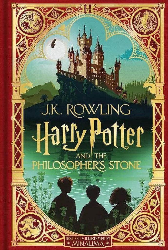 The cover of the book 'Harry Potter and the Philosopher's Stone' designed and illustrated by MinaLima, featuring Hogwarts castle and three silhouetted figures.