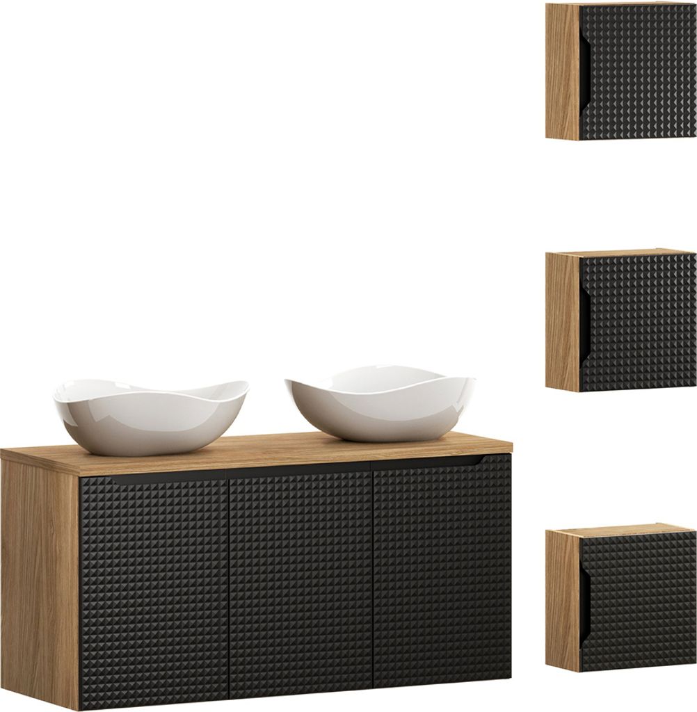 Badmöbel Set 4-teilig mit 120 cm Waschtisch in Eiche mit schwarz, LONDON-56-BLACK
