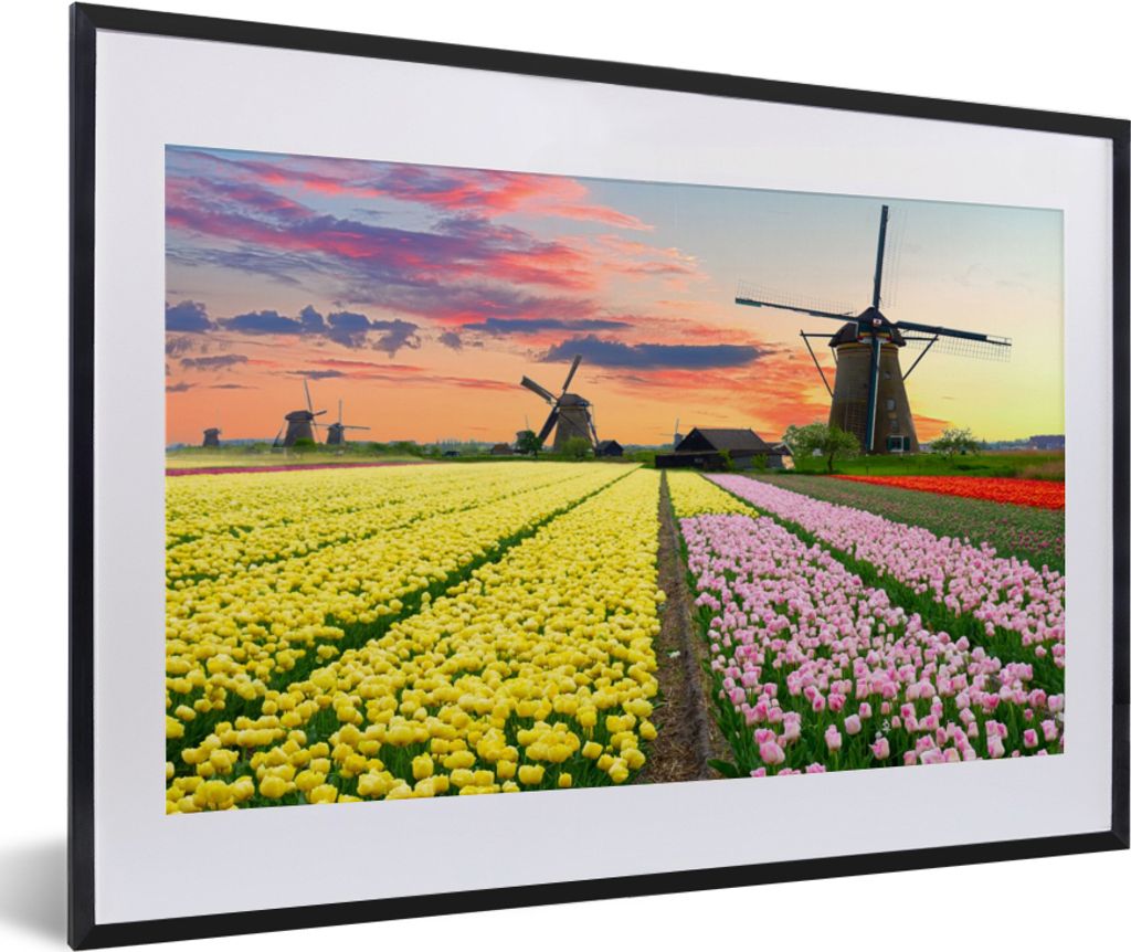 MuchoWow Gerahmtes Poster Windmühle - Tulpen - Blumen - Niederlande 60x40 cm - Poster mit Schwarzem Bilderrahmen Wandposter Rahmen Foto Bilder -...