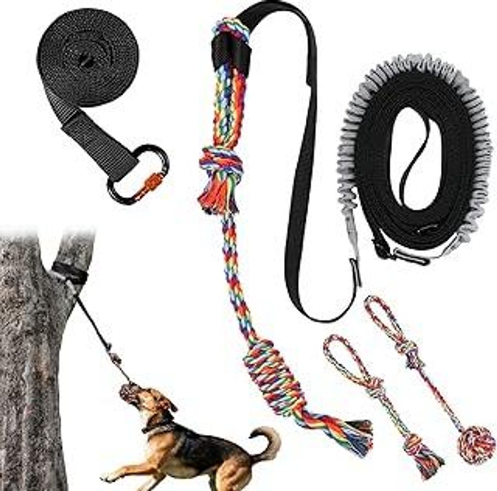 Bungee-Ziehspielzeug für Hunde, Outdoor-Hundespielzeug zum Aufhängen mit 3 Kauseilen, Interaktives Zugseil für kleine, mittlere & große Hunde z...