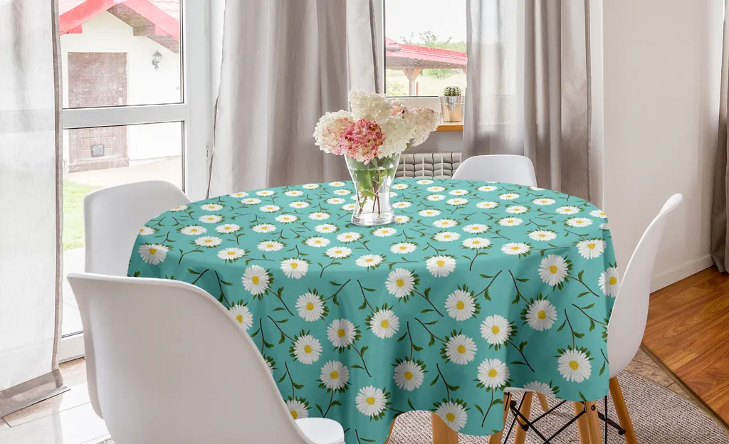 ABAKUHAUS Tovaglia rotonda con motivi floreali, astri in fiore e foglie, tovaglia circolare per sala da pranzo, decorazione per cucina, 150 cm, Seafoam Marigold White