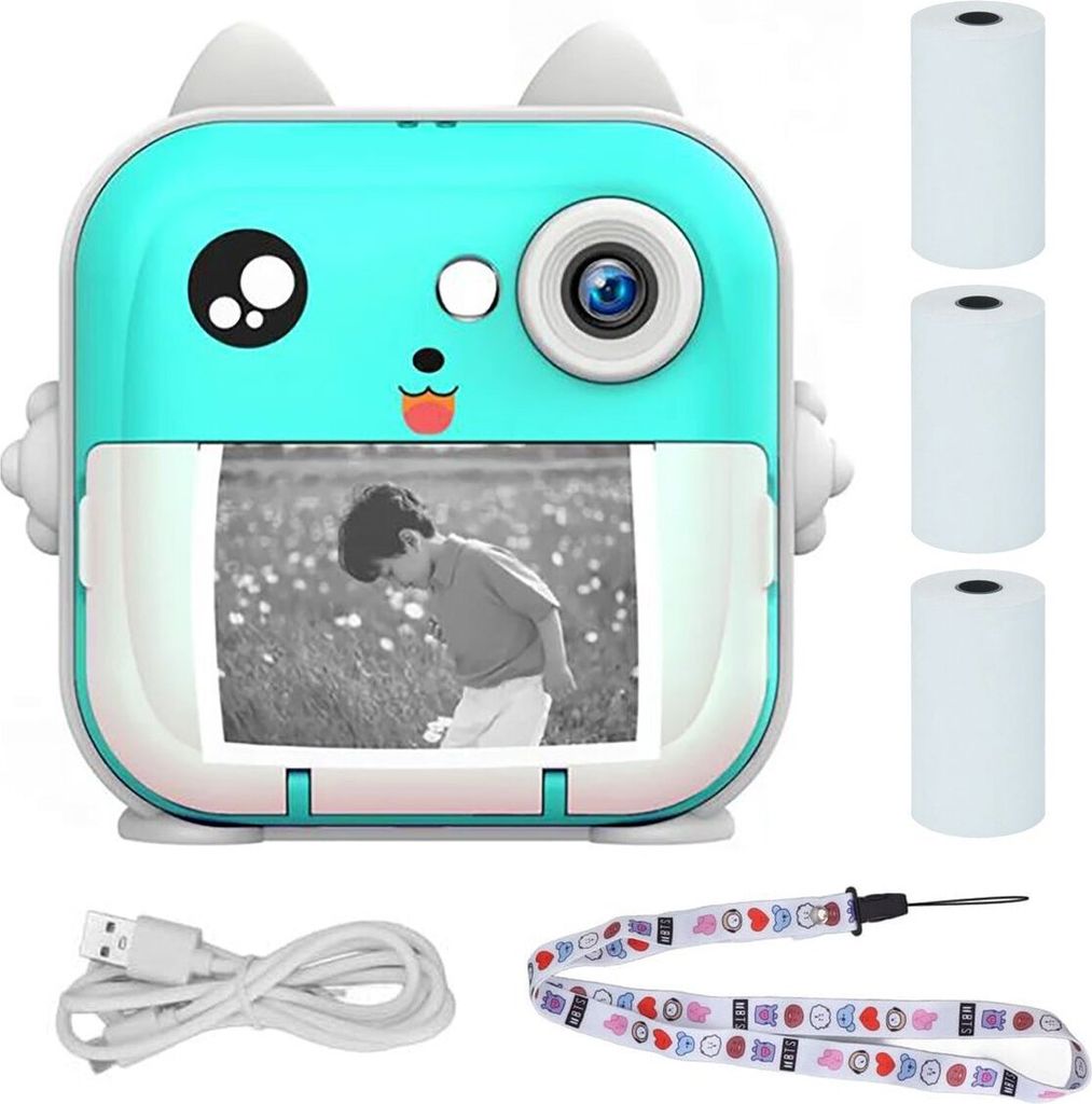 A blue and white mini thermal printer with a camera, designed to look like a cartoon animal, is shown with three rolls of thermal paper, a USB cable, and a lanyard.