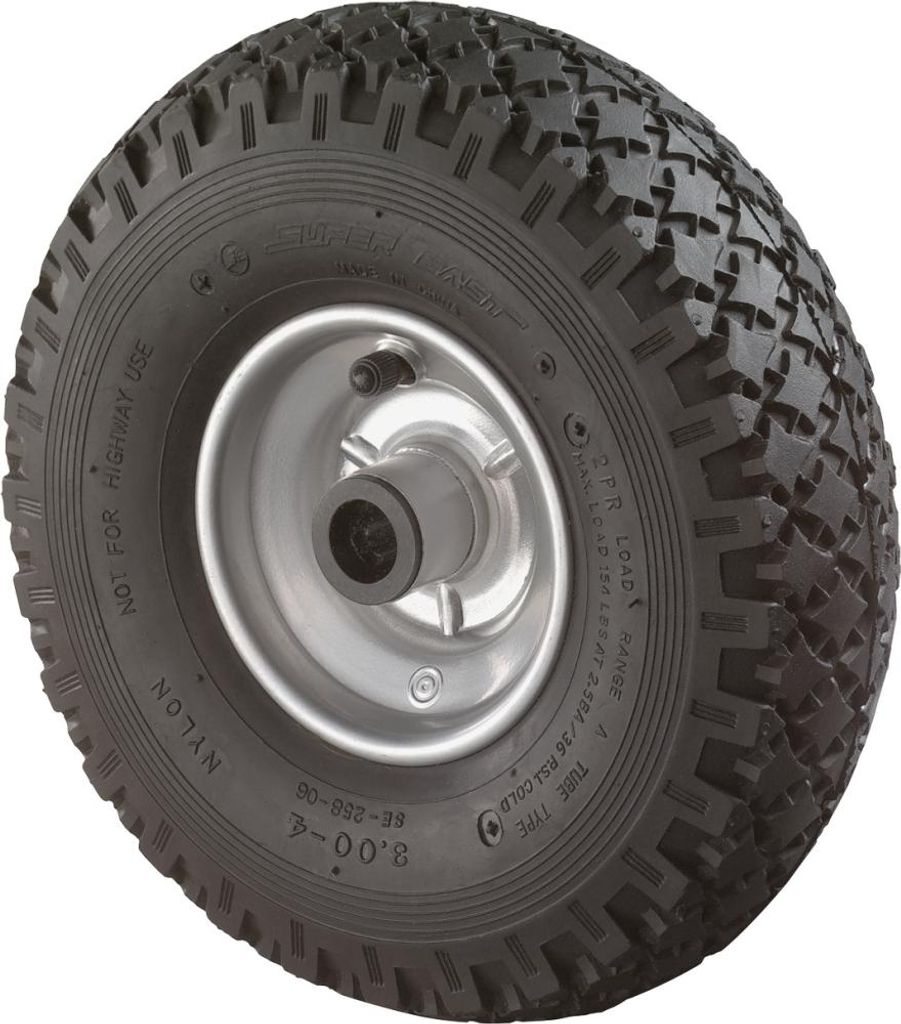 A close-up studio shot of a single tire with a metal rim.