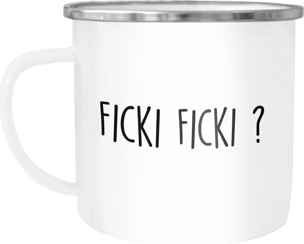 Emaille-Tasse Becher mit Spruch Ficki Ficki? Motiv lustig Ironie Moonworks weiß-metall Emailletasse