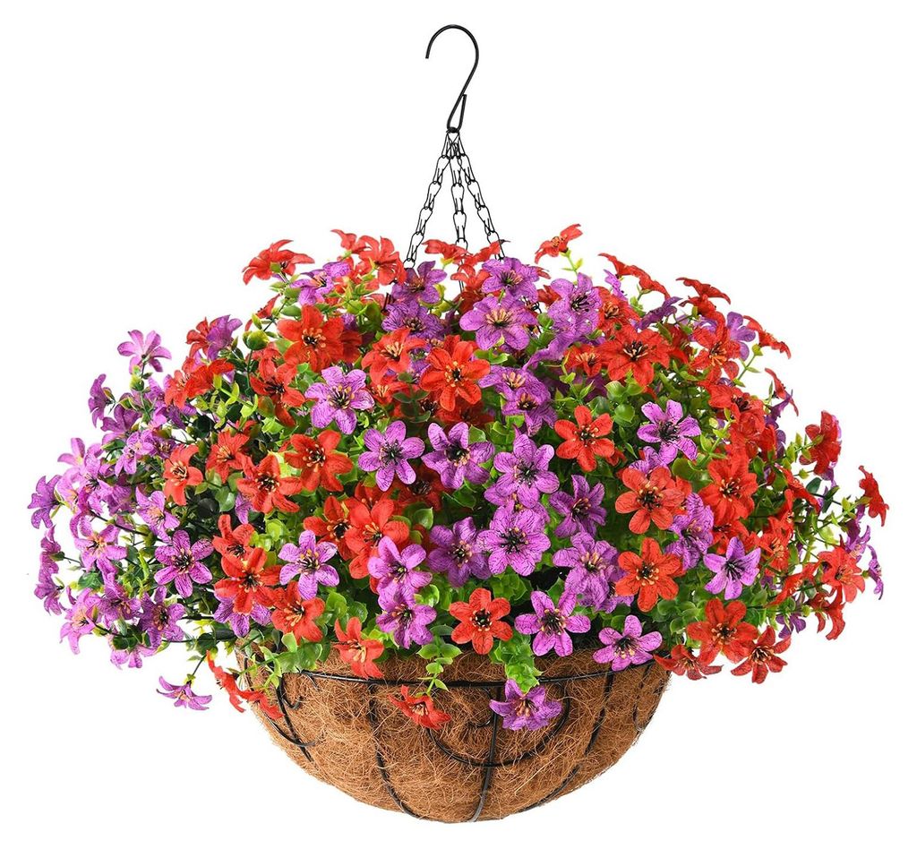 Künstlicher Hängeblumenkorb, UV-beständig, bunte Eukalyptus-Kunstblumen im Korb für den Außenbereich, ideal für Veranda, Terrasse, Balkon und...