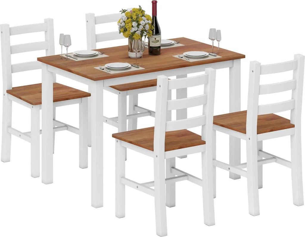 Essgruppenset, Esstisch, 4 Stühle, Esszimmerset, Kiefernholz, Braun+Weiß