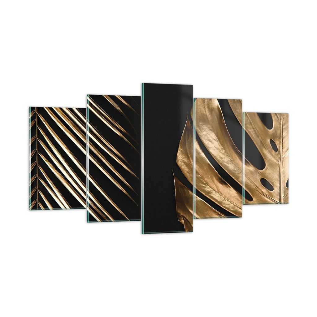Bilder auf glas - 5 Teile - Golden Blatt Monstera - 160x85cm - Glasbilder - Wandbilder - Bilder - zum Aufhängen bereit - Wanddekoration aus Glas -...