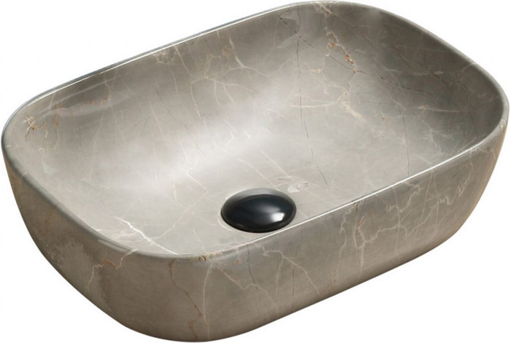 A close-up studio shot of a rectangular vessel sink with rounded corners, made of gray marble with white veining. A black drain stopper is visible in the center.