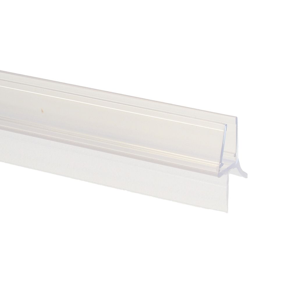 A close-up shot of a transparent shower door seal.