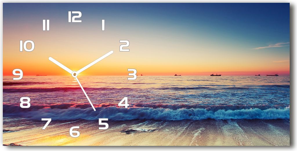 Wanduhr aus Glas – 60x30 cm - Glasbild - Glasuhr - Gehärtetes Glas - weisse-zeiger - Sonnenaufgang auf dem Meer