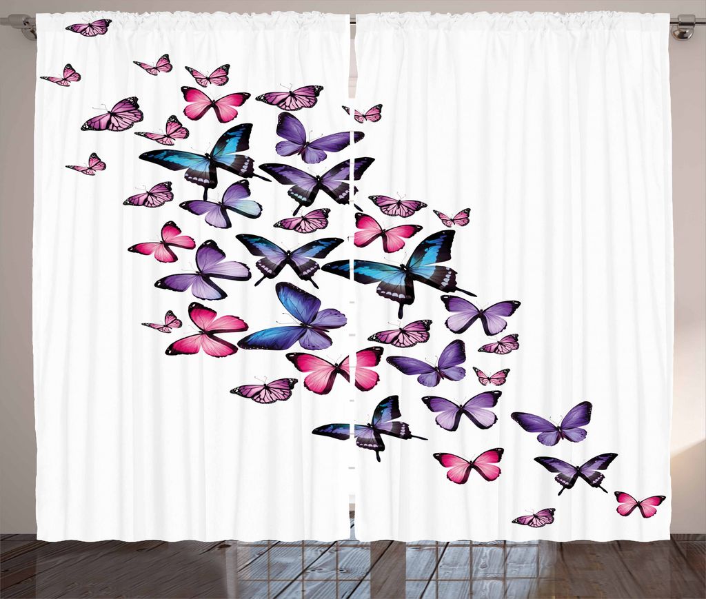 ABAKUHAUS Navy und Blush Rustikaler Gardine, viele Schmetterlinge, Schlafzimmer Kräuselband Vorhang mit Schlaufen und Haken, 280 x 175 cm, Violett...
