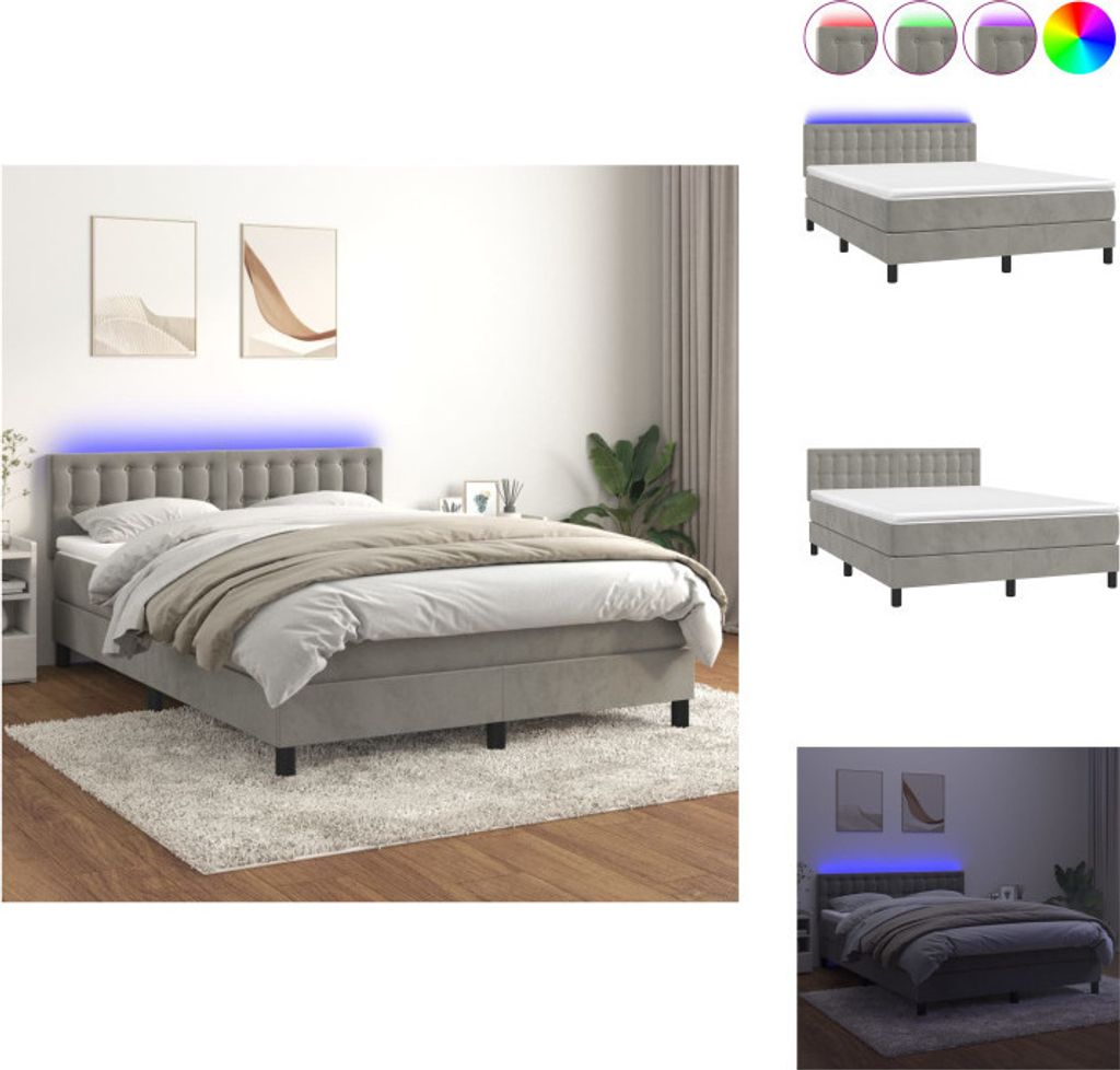 vidaXL Boxspringbett mit Matratze & LED Hellgrau 140x200 cm Samt - Betten & Bettgestelle