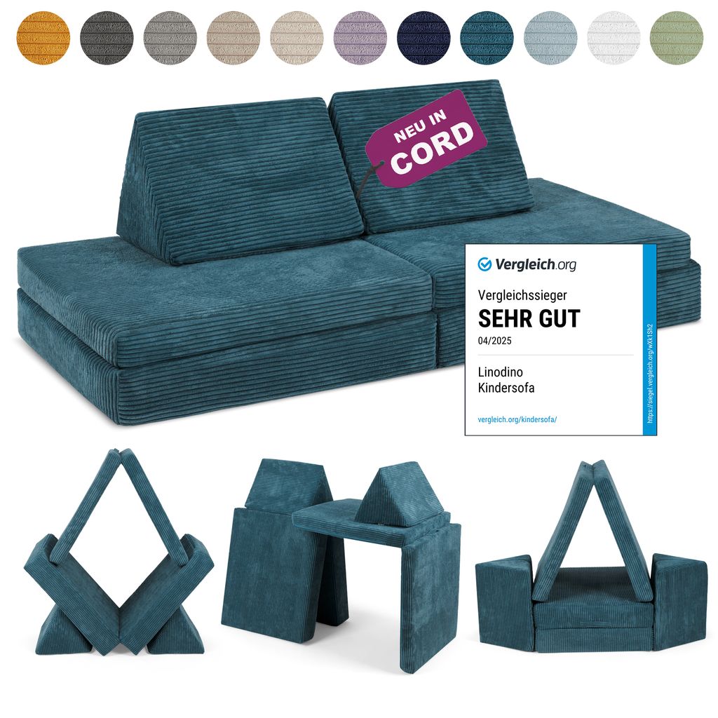 Linodino Spielsofa Cord - Kindersofa | Kinder Couch als Kuschelecke und Indoor Spielplatz | Kinder Sofa aus Schaumstoff Bausteinen I Tannengrün