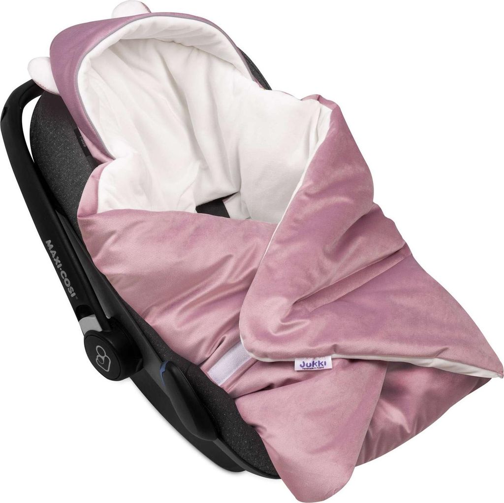 Decke für Kindersitz mit Kapuze und Ohren – Ecru Plüsch & Heather Soft Velvet
