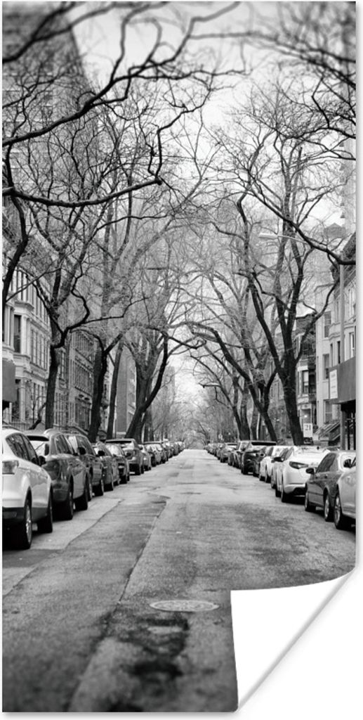 MuchoWow Poster Geparkte Autos in New York - schwarz und weiß 75x150 cm - Dekoration für die Wände