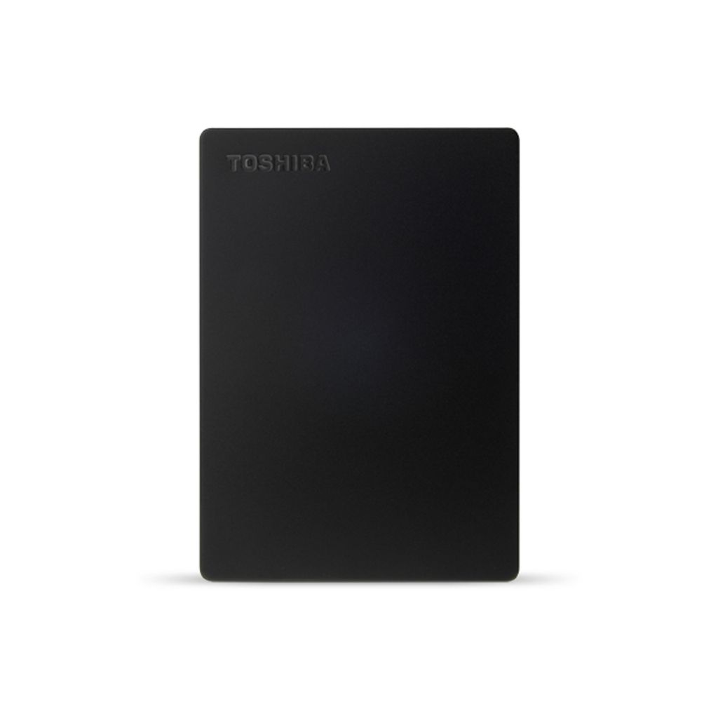 A black Toshiba Canvio Slim external hard drive is shown centered on a white background.