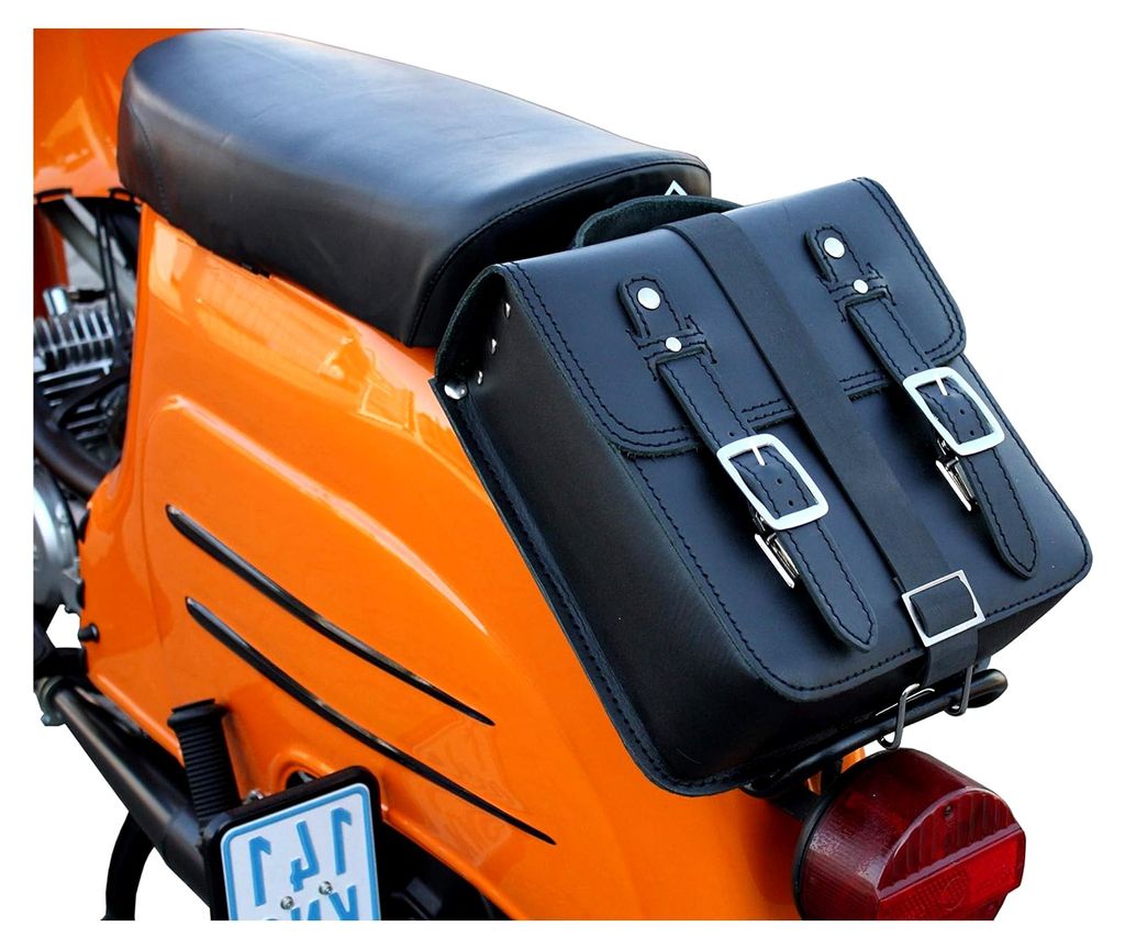 Kleine Leder Hecktasche mit Schnellverschluss für Gepäckträger in Schwarz, passend für Simson Schwalbe, Sperber, Star, Spatz, KR50, KR51, SR4