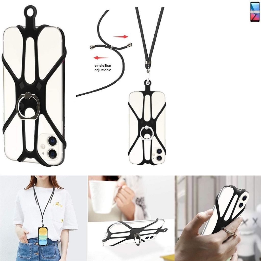 K-S-Trade 3in1 Handykette Handyband Handykordel Halsband Smartphone-Ring Handy-Ring kompatibel mit ZTE Blade V9 Fingerhalterung Handyring