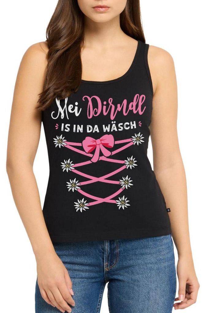 Spreadshirt Dirndl Spruch Mit Blumen Und Bindeoptik Frauen Premium Tank Top, XL, Schwarz