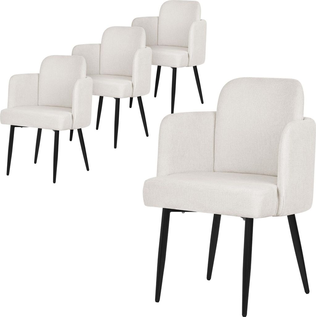 ML-Design 4er Set Esszimmerstuhl Beige Stoffbezug Küchenstuhl mit Armlehne & Rattan-Optik Rückenlehne Polsterstuhl mit Metallbeinen Ergonomische