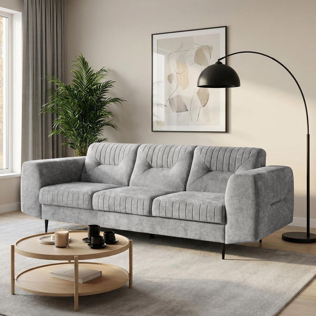 BEAUTYSOFA | 3-Sitzer Sofa VENEZIA Chenillestoff Grau – Produktbild 