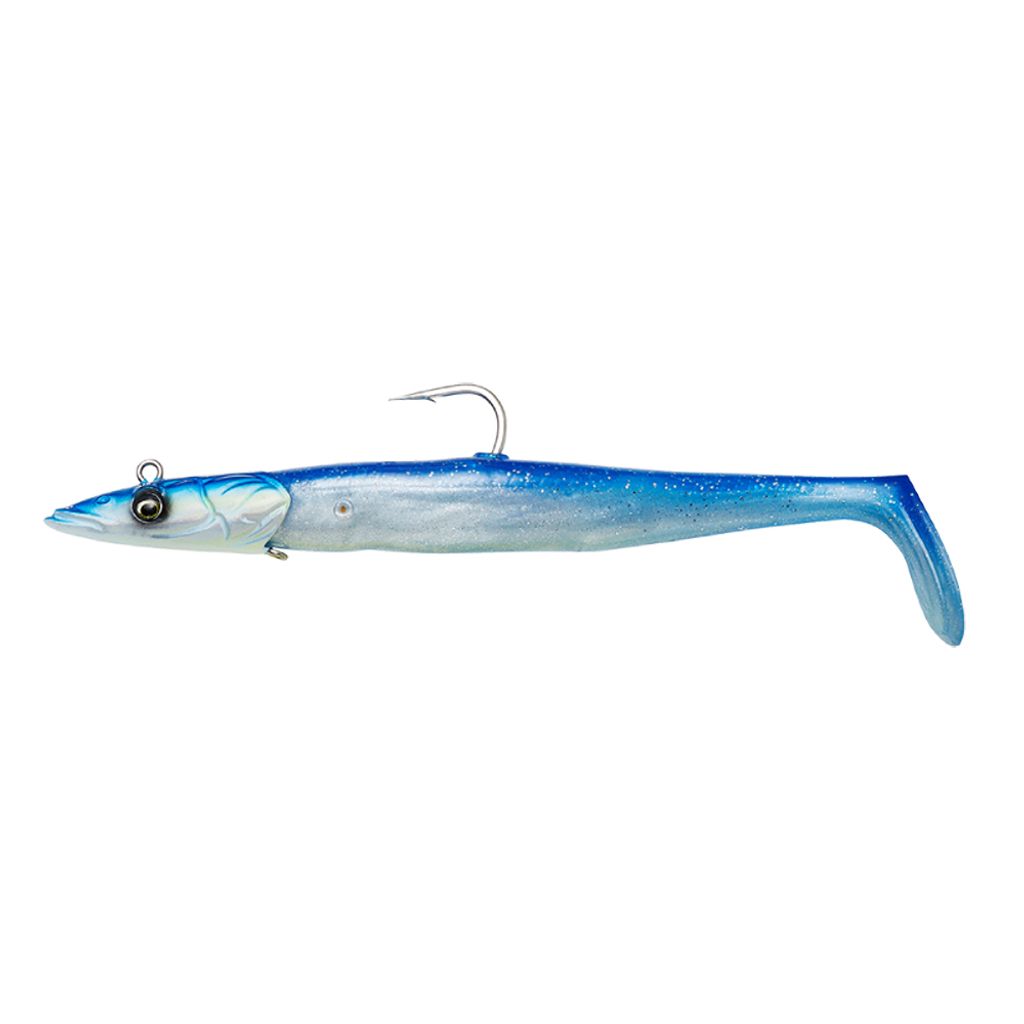 A fishing lure shaped like a sandeel, with a hook attached.
