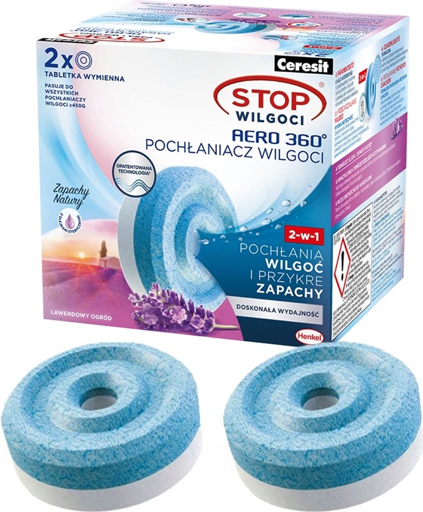 A product box for Ceresit Stop Wilgoci Aero 360 moisture absorber refills, with two refill tablets shown in the foreground.