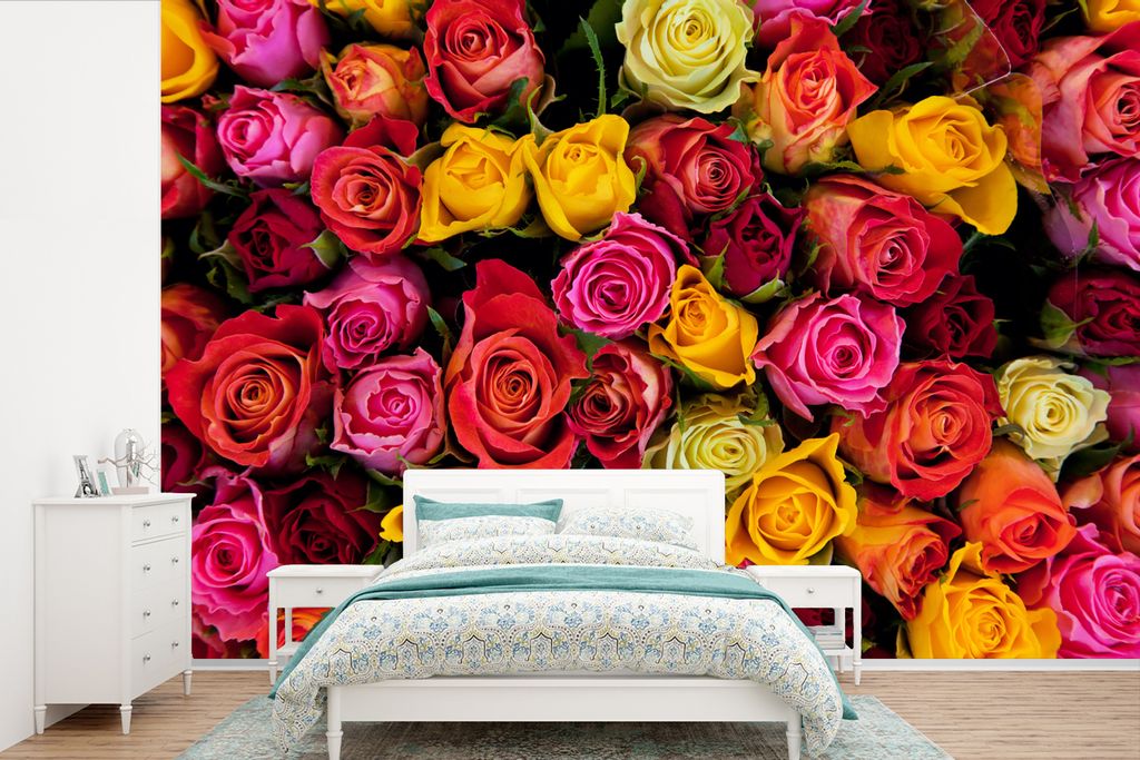 MuchoWow Fototapete für Wohnzimmer oder Schlafzimmer Wandtapete Vinyl Motivtapete Rosen - Rosa - Rot - 525x350 cm - Das Hintergrundbild