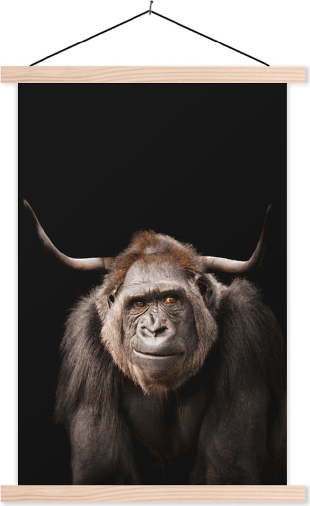 MuchoWow Textilposter Gorilla - Schwarz - Tier 120x180 cm mit holzfarbenen Rahmen - Textil-Plakat