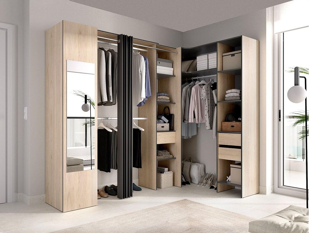 Eckkleiderschrank mit Vorhang und 1 Tür - Mit Spiegel - Breite 231 cm - Farbe: Natur und Anthrazit - BERTRAND