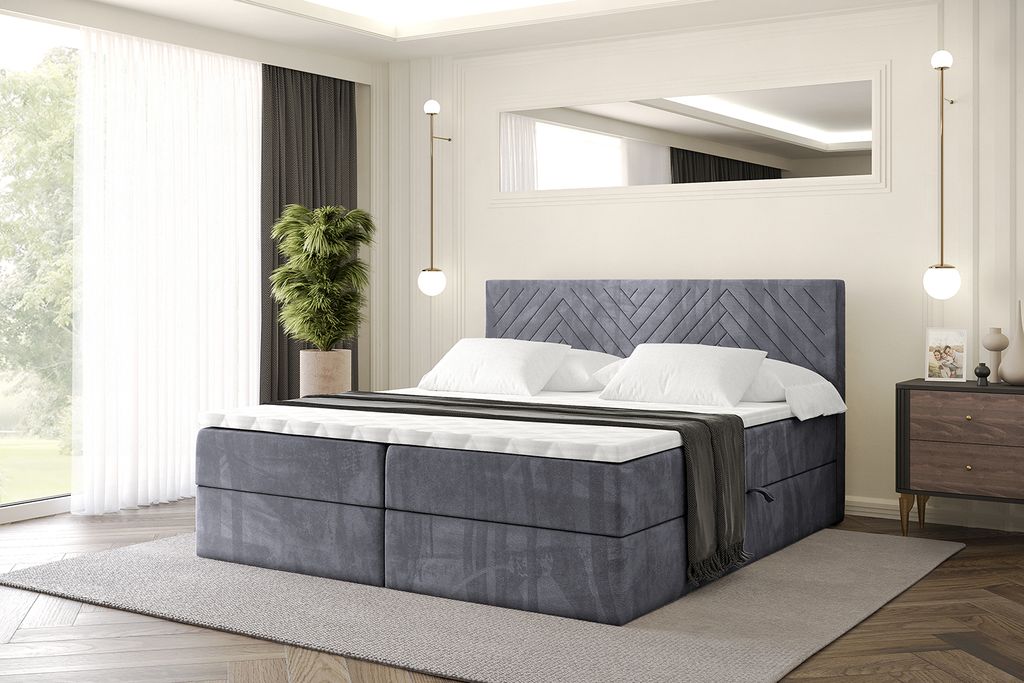 ALTDECOR Boxspringbett mit H3 Matratze und Topper - VEXA - 200x 200 cm - Dunkelgrau Casablanca - Polsterbett mit Bettkasten und Lattenrost, Bett mi...