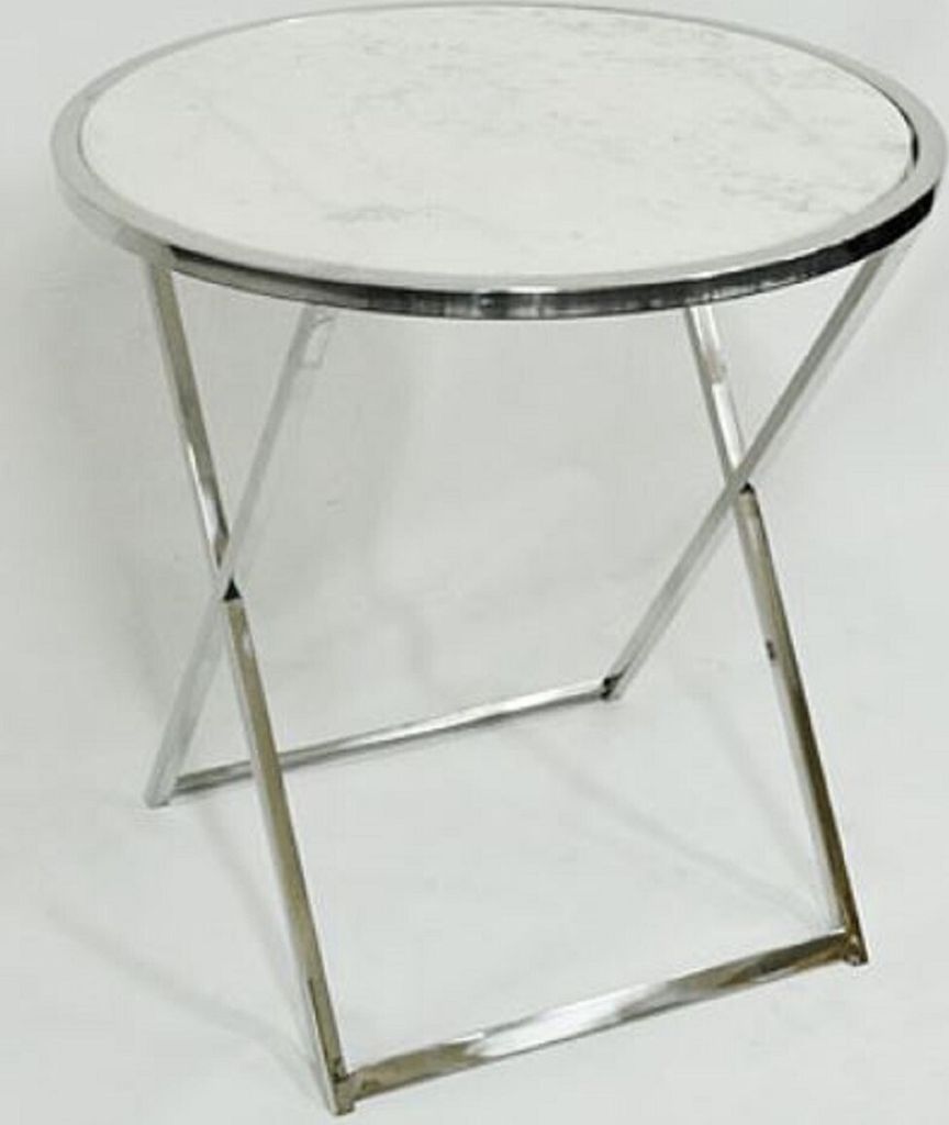 Casa Padrino Luxus Beistelltisch Silber / Weiß Ø 75 x H. 76 cm - Runder Edelstahl Tisch mit Marmorplatte
