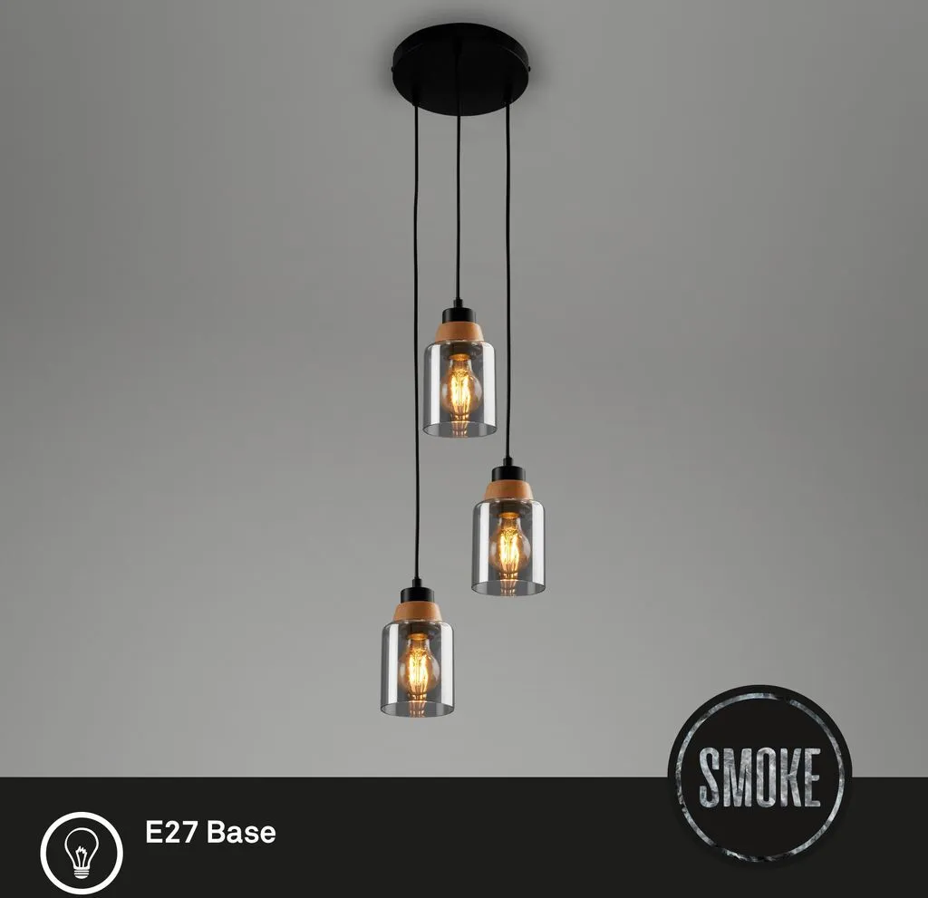 Suspension bois et verre fumé 3 lampes pour éclairer une grande pièce