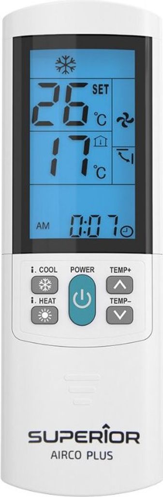 A white remote control for an air conditioner is shown against a white background. The remote has a digital display and several buttons.