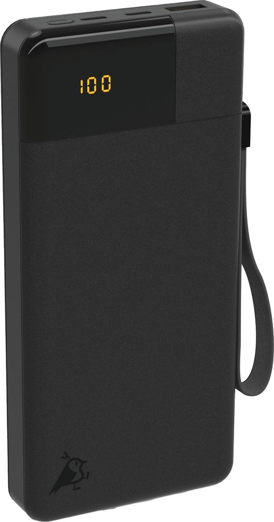 A black power bank with a digital display showing '100'.