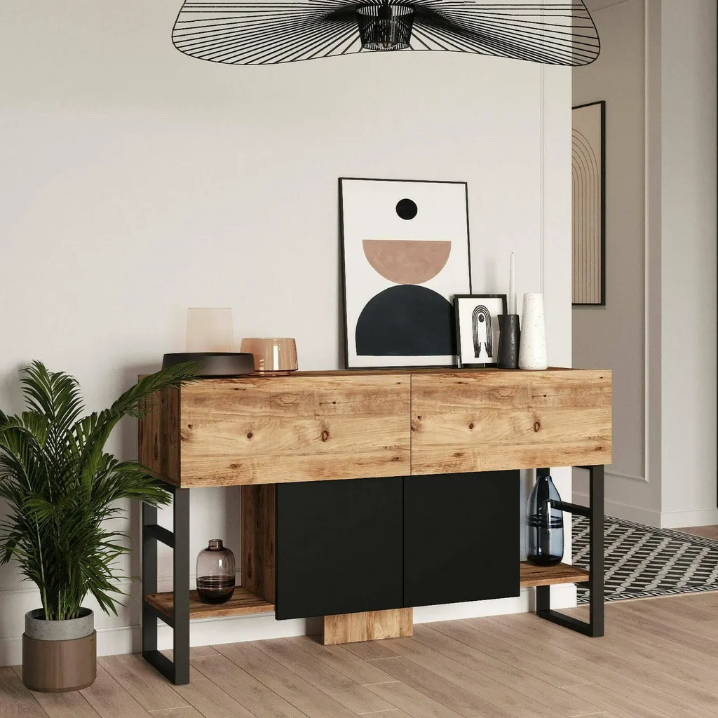 Console Izo 139cm Finition Chêne Brun, Structure Large à 2 Étagères - 2