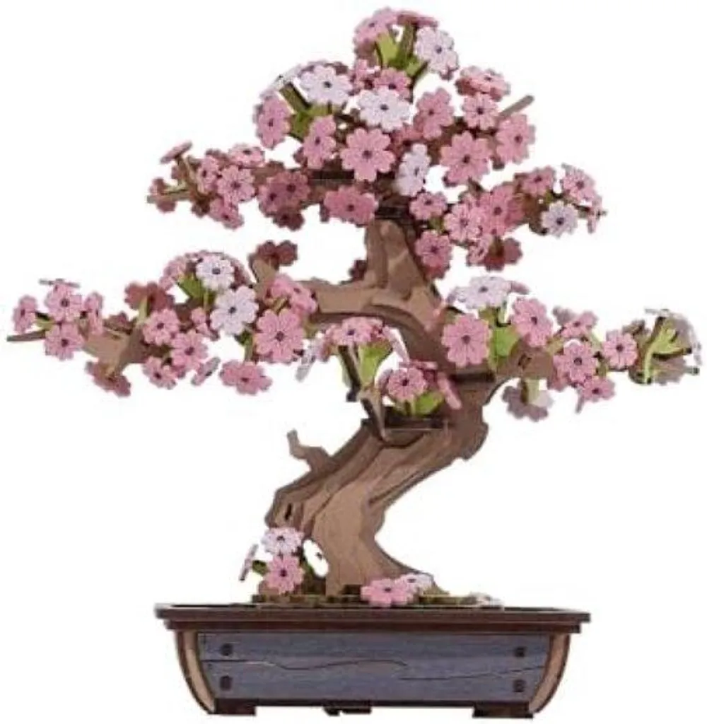 Bonsaï puzzle 3D fleurs roses - Bois naturel découpé laser design zen