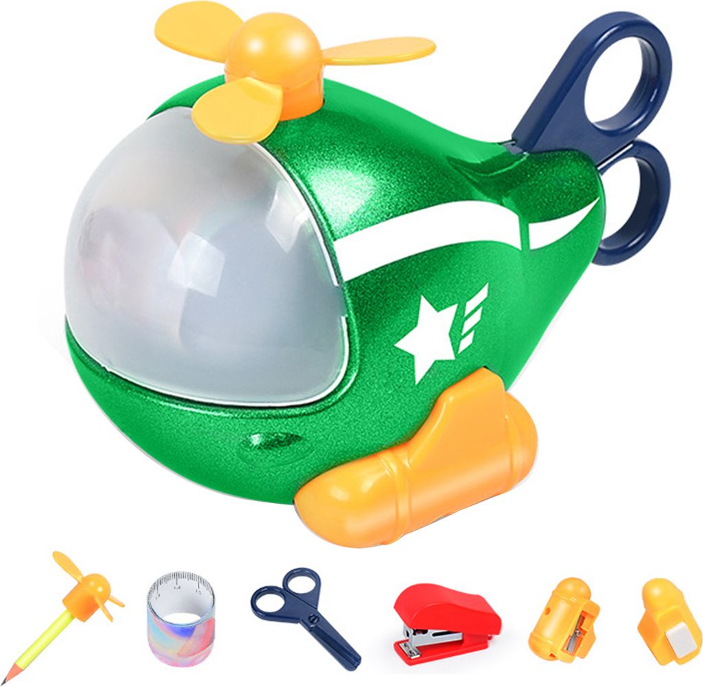 Cartoon-Helikopter-Spielzeug mit Bleistift, Lineal, Schere, Spitzer, Radiergummi, Hefter, 6-in-1-Kinder-Schrein, Flugzeug-Dekoration, Schüler, Sch...