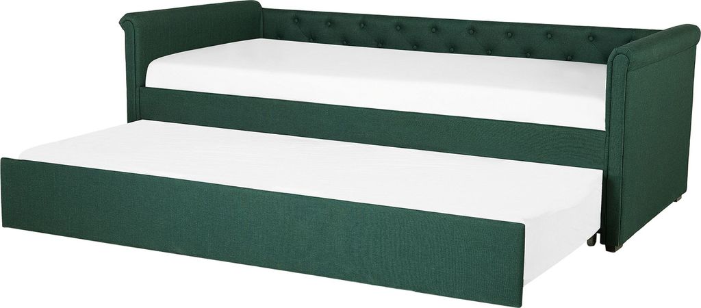 BELIANI Tagesbett Ausziehbett Grün 80 x 200 cm Ausziehbar Polsterbezug Leinenoptik Mit Lattenrost Knopfverzierung Praktisch Modern