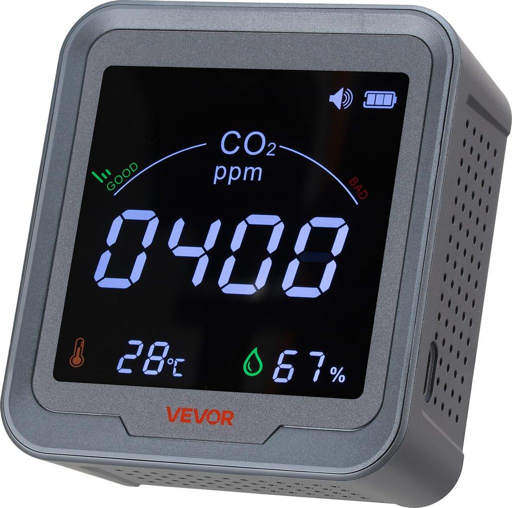 VEVOR CO2-Detektor, CO2-Monitor mit Temperatur- & Feuchtigkeitsanzeige, NDIR-Sensor, Kohlendioxid-Messgerät, CO2-Melder für den Außenbereich, Zu...