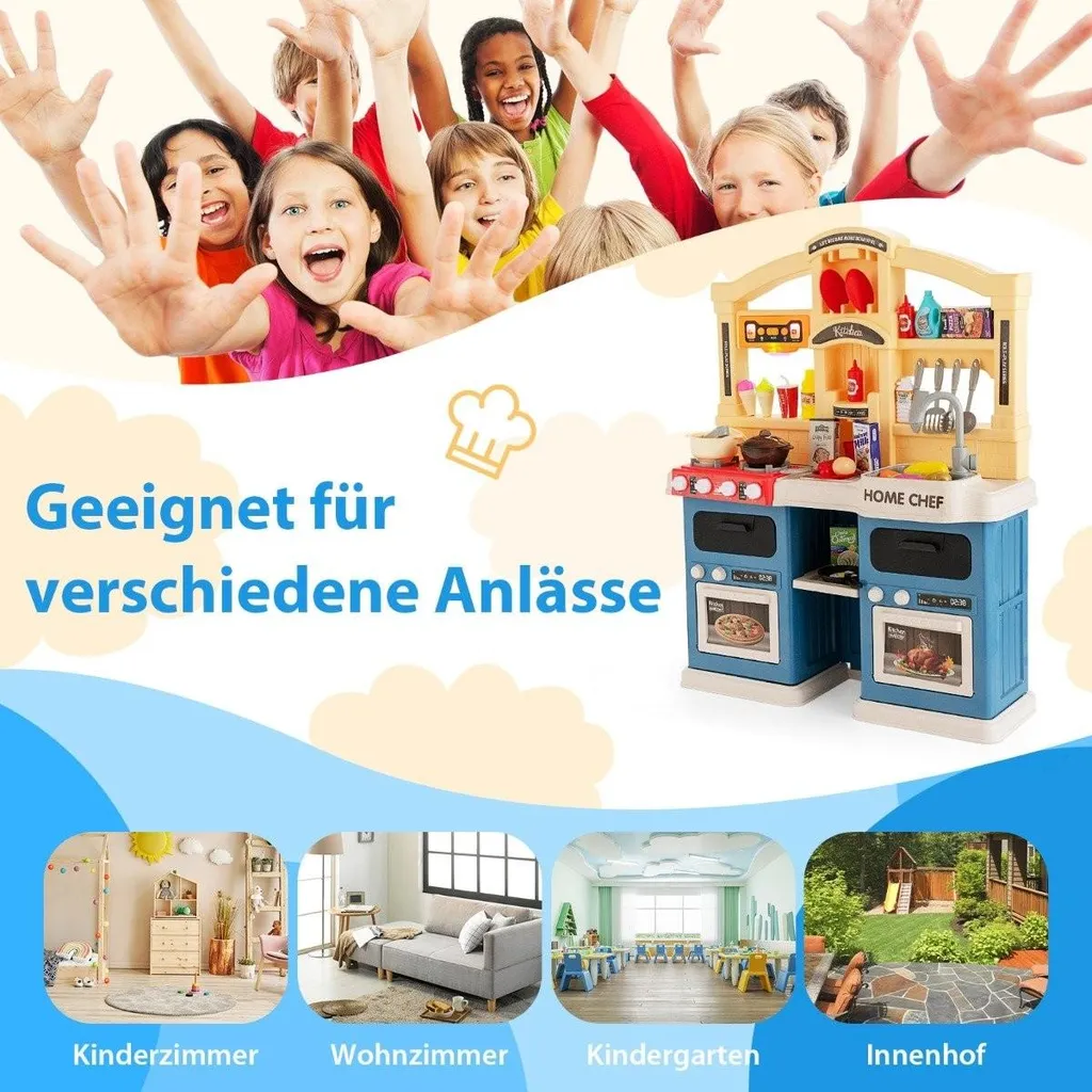 Cuisine de jeu interactive vapeur et son 69 pièces kit bleu enfant
