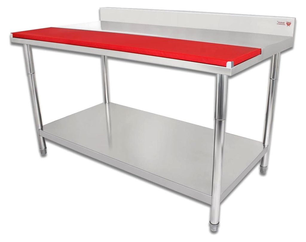 Gastro Edelstahl Arbeitstisch 150 x 80 cm bis 220 kg belastbar (Tisch verschweißt und fertig montiert) mit PE Schneidbrett, Aufkantung, Ablageflä...