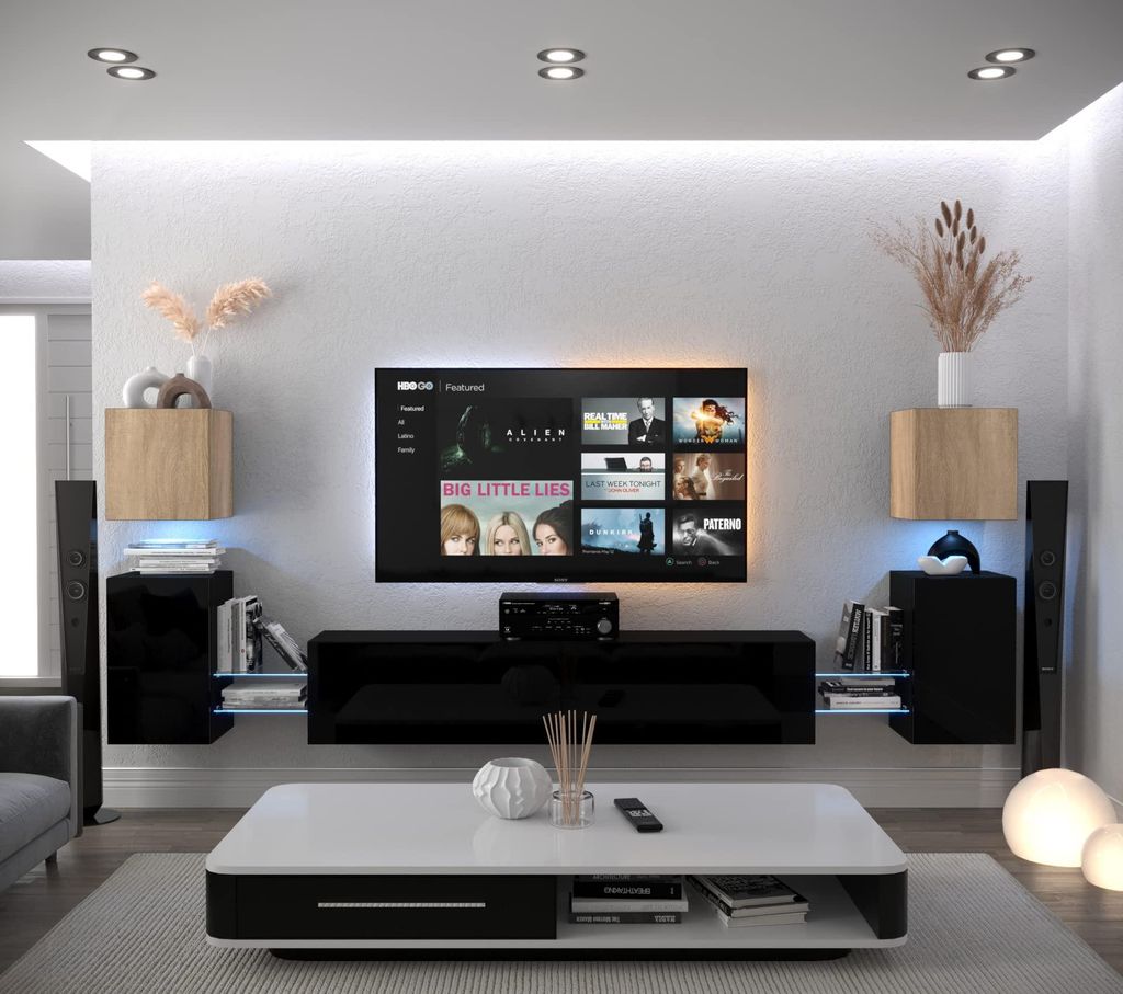 Furnitech Wohnwand Wohnzimmer - Wohnzimmer Möbel mit LED Weiß - Hängend Wohnwand Modern - Wohnzimmer Schrankwand mit Regale und TV Schrank (AN10...
